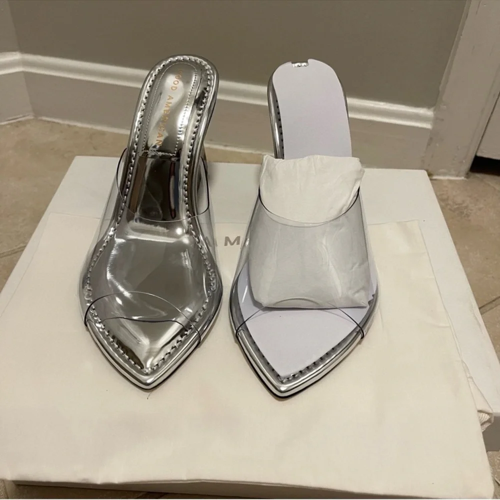 Good American Clear Wedge Sandals Silver Mirror GA368V-X